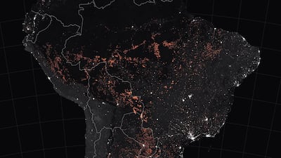 Photo taken by Nasa Earth Observatory showing active fire detections in Brazil, observed by satellites. Nasa earth Observatory via EPA
