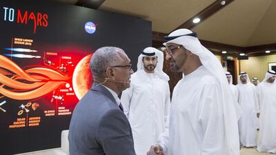 Sheikh Mohammed bin Zayed, Crown Prince of Abu Dhabi and Deputy Supreme Commander of the Armed Forces greets Charles Bolden, administrator of the Nasa, at the Ramadan Majlis on Monday. Mohamed Al Hammadi / Crown Prince Court – Abu Dhabi