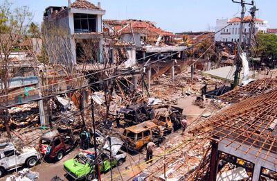 DENPASAR, BALI, INDONESIA - OCTOBER 16: A view of the bomb blast site on October 16, 2002 in Denpasar, Bali, Indonesia. The blast occurred in the popular tourist area of Kuta on October 12, leaving more than 180 people dead and 132 injured, with the death toll expected to rise. (Photo by Edy Purnomo/Getty Images)
