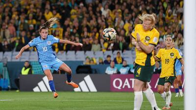 Ella Toone scores her England's first goal. Getty