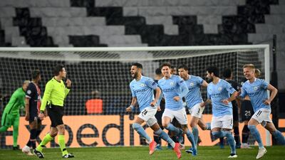 Mahrez celebrates after scoring the second goal at the Parc des Princes stadium in Paris on April 28. AFP