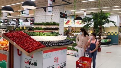 Vegetables and fruits to mark arranged like the United Arab Emirates flag, at a supermarket in Mushrif Mall, Abu Dhabi. Khushnum Bhandari/ The National