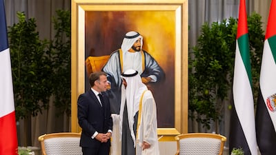 President Sheikh Mohamed and Emmanuel Macron, President of France, during an official visit reception in Abu Dhabi. UAE Presidential Court