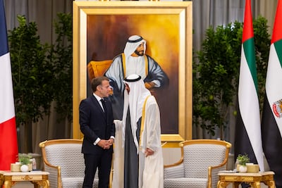 President Sheikh Mohamed with French President Emmanuel Macro during a reception in Abu Dhabi. UAE Presidential Court