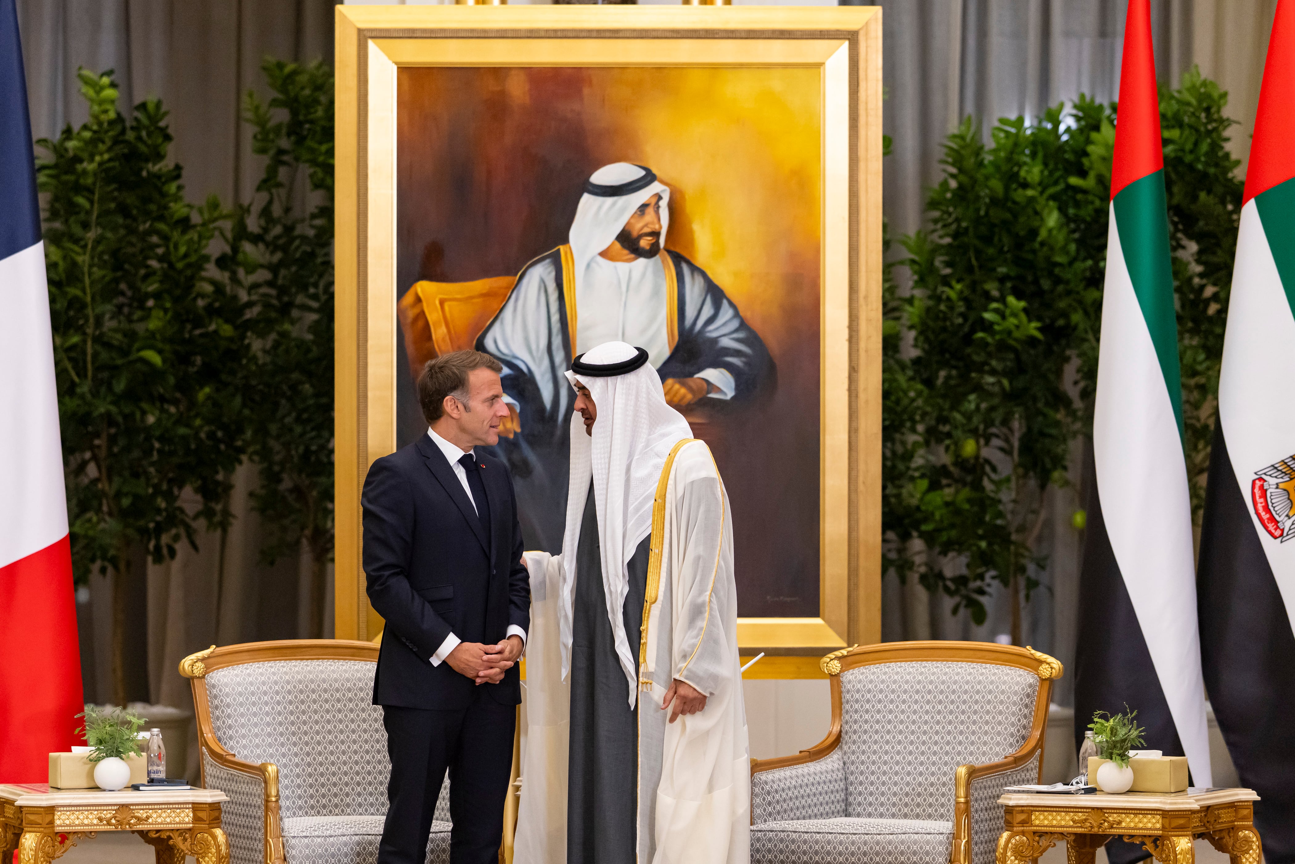 President Sheikh Mohamed with French President Emmanuel Macro during a reception in Abu Dhabi. UAE Presidential Court