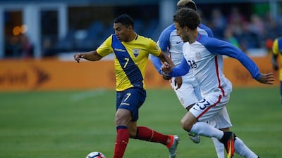 Jefferson Montero #7 of Ecuador dribbles against Fabian Johnson #23 of the United States during the 2016 Quarterfinal - Copa America Centenario match at CenturyLink Field on June 16, 2016 in Seattle, Washington. The United States beat Ecuador 2-1. Otto Greule Jr/Getty Images