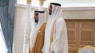 Sheikh Mohamed bin Zayed and Major General Faris Khalaf Al Mazrouei, Commander-in-Chief of Abu Dhabi Police and Abu Dhabi Executive Council Member, stand for a photograph during the swearing-in ceremony. Ministry of Presidential Affairs