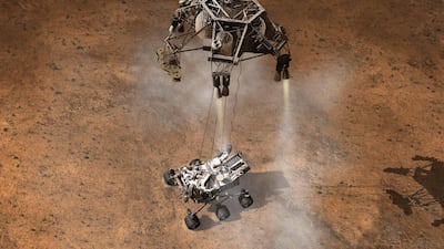This artist's concept depicts the moment that Nasa's Curiosity rover touched down onto the Martian surface. The Mars Science Laboratory will use the sky crane touchdown system. Courtesy: Nasa