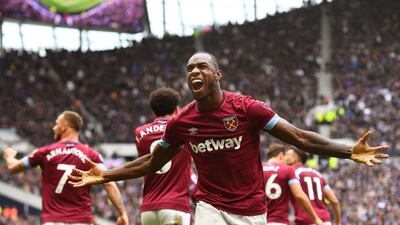 West Ham's Michail Antonio celebrates after scoring the winning goal against Tottenham on Saturday. EPA