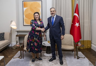 Alicia Kearns meets Turkish foreign minister Hakan Fidan at the Munich Security Conference this year. Anadolu via Getty.