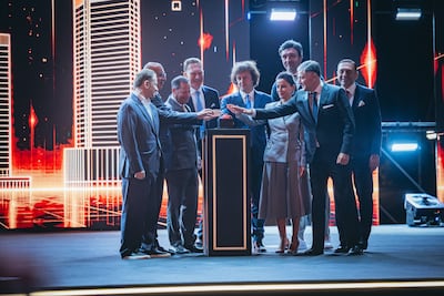 Georgian Prime Minister Irakli Kobakhidze, centre, during the launch of Trump Tower Tbilisi.
