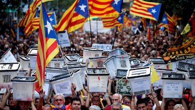 Thousands of people attend a protest on the occasion of the first anniversary of the Catalan illegal independence referendum in Barcelona, Spain, 01 October 2018. EPA
