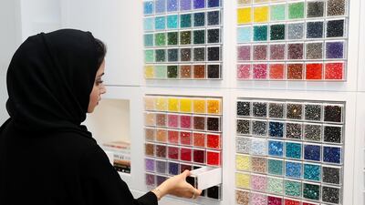 Dubai, United Arab Emirates - August 23rd, 2017: Emirati fashion designer Yasmin Al Mulla using the facilities at the soon-to-be-opened Swarovski Creative Center. Wednesday, August 23rd, 2017 at The Design District, Dubai. Chris Whiteoak / The National
