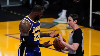 Los Angeles Lakers forward LeBron James talks with referee Lauren Holtkamp-Sterling in the second half against the Portland Trail Blazers. USA Today