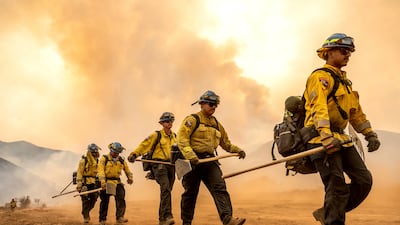Firefighters battle the Gifford Fire burning on Monday, Aug. 4, 2025, in Los Padres National Forest, Calif. (AP Photo / Noah Berger)