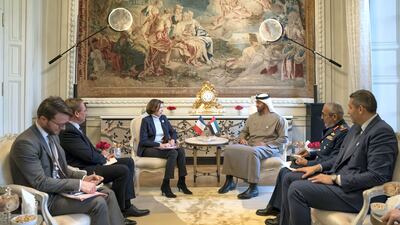 Sheikh Mohamed talks with Ms Parly, fourth right, along with Khaldoon Khalifa Al Mubarak, CEO and managing director of Mubadala, chairman of the Abu Dhabi Executive Affairs Authority and Abu Dhabi Executive Council member, right, and Deputy Chief of Staff of the UAE Armed Forces, Major General Essa Saif Al Mazrouei, second right.