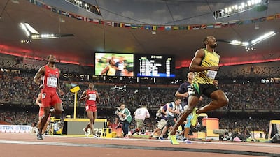 Usain Bolt eases his stride after winning the men’s 100-metre final on Sunday at the World Championships in China’s Bird’s Nest National Stadium. Olivier Morin / AFP