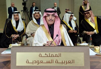 epa07302558 Saudi Minister of Finance Mohammed Bin Abdullah Al-Jadaan (C) attends the opening session of the Arab Economic and Social Development Summit in Beirut, Lebanon, 20 January 2019. Lebanon is hosting the regional economic summit from 20 January. EPA/WAEL HAMZEH