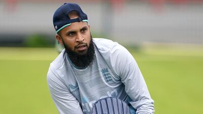 England's Adil Rashid pads up. PA