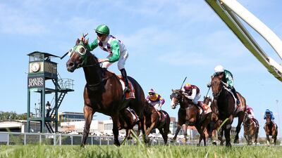 Jockey Zac Spain guides Morvada to victory in the John Dillon Stakes during Melbourne Racing at Caulfield Racecourse on Saturday, January 25. Getty