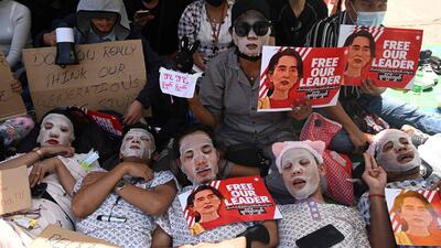 Protesters take part in a demonstration against the military coup in front of the Chinese embassy in Yangon. AFP