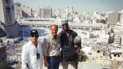 Omar Al Qattan at Mecca with crew members during the filming of 'Muhammad Story of a Prophet' in 2000. Courtesy Omar Al Qattan