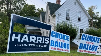 A campaign sign with President Joe Biden's name cut out stands in Northwood, New Hampshire, after he pulled out of the running for the White House. AP