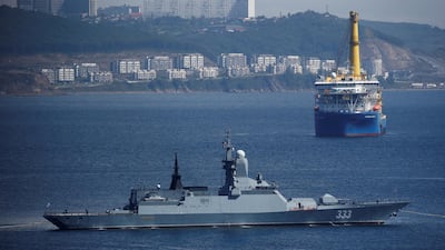 The Russian navy corvette Sovershenny and the Gazprom owned pipe-laying ship Akademik Cherskiy are seen offshore Vladivostok, Russia September 6, 2017. Reuters.