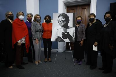 Members of US Congress, including Representative Barbara Lee and Speaker of the House Nancy Pelosi, at an event introducing the new Maya Angelou quarter dollar coin at the US Capitol. AFP