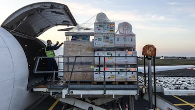 MSF teams are loading medical equipment including inflatable hospital in Merignac airport on 21 March 2020 to be sent to Ispahan, Iran to respond to the coronavirus pandemic.