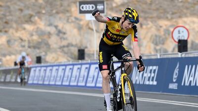 Denmark's Jonas Vingegaard celebrates as he crosses the finish line to win the fifth stage of the UAE Tour on Thursday, February 25, 2021. AP