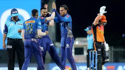 Rahul Chahar of Mumbai Indians celebrates the wicket of Manish Pandey. Sportzpics for IPL