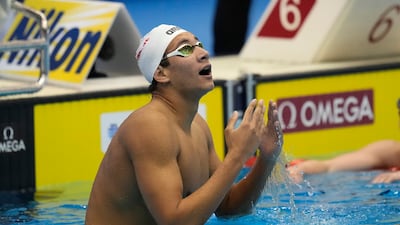 Ahmed Hafnaoui of Tunisia after winning the men's 800m freestyle swimming final at the World Swimming Championships in Fukuoka, Japan, on Wednesday, July 26, 2023. AP