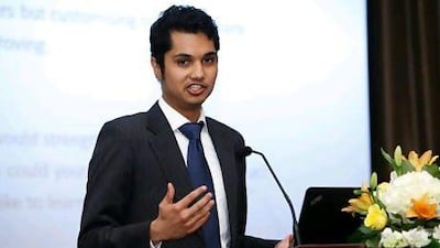 MBA student Neil Gonsalvez, presents his findings at the Pearl Initiative dinner held at the Millenium Hotel. April 23. Dubai, United Arab Emirates. (Photo: Antonie Robertson/The National)