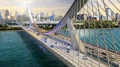 An artist's version of the completed Al Ittihad Bridge project, which is being implemented by the Roads and Transport Authority and will take three years to build once construction starts next year. Wam