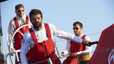 June 14, 2014. Dongfeng Race Team training in Lorient, France: Skipper Charles Caudrelier, Pascal Bidegorry (centre), Eric Peron. Photo: Yvan Zedda/Dongfeng Race Team