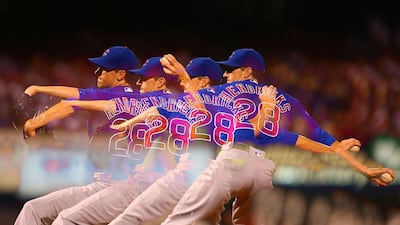 Multiple exposures were combined in camera to produce this image. Starter Kyle Hendricks, number 28, pitches against the St Louis Cardinals in the seventh inning at Busch Stadium in St Louis, Missouri. Dilip Vishwanat / Getty Images / AFP