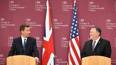 US Secretary of State Mike Pompeo and Britain's Foreign Secretary Jeremy Hunt attend a joint news conference at the Foreign Office in central London, Britain May 8, 2019. Reuters