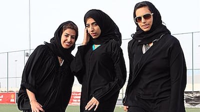 From left: Mariam Omaira, Hemyan Khalid and Azza al Kaabi are Emirati women football players at the Dome@Rawdhat in Abu Dhabi.