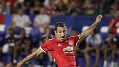 Manchester United's Henrikh Mkhitaryan shoots during the second half against the Los Angeles Galaxy in a friendly soccer match Saturday, July 15, 2017, in Carson, California. Manchester United won 5-2. Jae C Hong / AP Photo