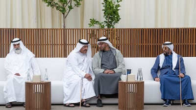 President Sheikh Mohamed with Sheikh Tahnoon bin Mohamed, Ruler's Representative in the Al Ain region, Sheikh Sultan bin Hamdan, Adviser to the President and Chairman of the Camel Racing Federation, and Sheikh Khalifa bin Hamdan bin Mohamed, as they receive mourners.