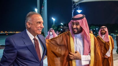 Saudi Arabia's Crown Prince Mohammed bin Salman welcomes Mustafa Al Kadhimi at Jeddah in June 2022, as the then-caretaker Iraqi prime minister sought to resume Saudi-Iranian talks hosted by Baghdad. AFP
