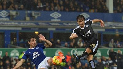 Shinji Okazaki of Leicester City scores his team’s third goal during the Barclays Premier League match between Everton and Leicester City at Goodison Park on December 19, 2015 in Liverpool, England. (Photo by Michael Regan/Getty Images)