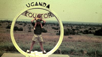 Alice Morrison and her father, Jim Morrison, on the equator in Uganda in the 1960s. Photo: Alice Morrison