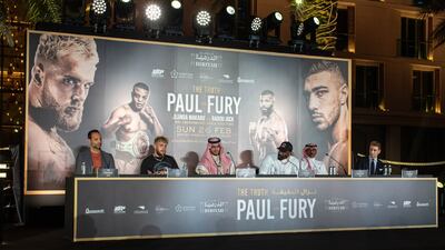 'The Truth' press conference at a hotel in Riyadh. Jake Paul is sat second from the left.