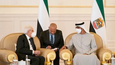 Italy's President Sergio Mattarella arrived in Abu Dhabi to offer condolences over the death of Sheikh Khalifa. Photo: Ministry of Presidential Affairs