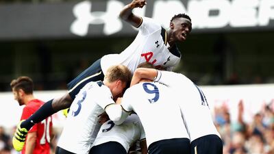Tottenham celebrate their equalising goal against Liverpool, but for large parts of the game, they were outplayed. Julian Finney / Getty Images