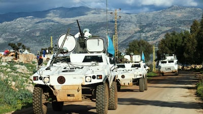 French peacekeepers of the United Nations Interim Force In Lebanon (UNIFIL) patrol at the entrance of the southern Lebanese border village of Sarada on February 24, 2026. Lebanon's army accused the Israeli military on February 24 of firing near a position it was setting up in the country's south, saying it had instructed troops to return fire. (Photo by Rabih DAHER / AFP)