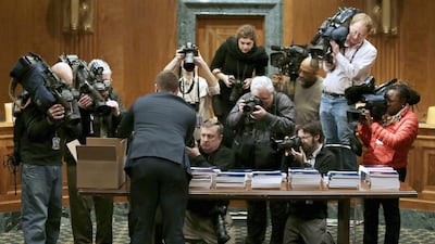 US president Barack Obama’s fiscal year 2015 budget proposal is captured by the after being delivered to the Senate Budget Committee on Capitol Hill in Washington on March 4. Gary Cameron / Reuters