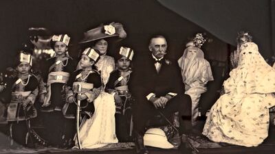 A portrait in Jehan Numa Palace of a veiled begum with Viceroy Lord Minto